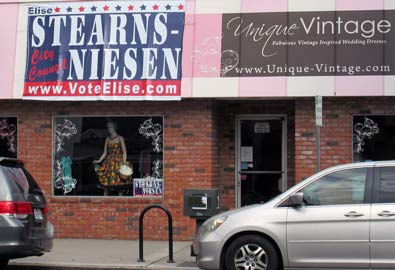 Photo: FLLewis / Media City G -- Giant Elise Stearns-Niesen for city council sign on the front of Unique Vintage 2013 West Magnolia Boulevard Burbank February 21, 2015