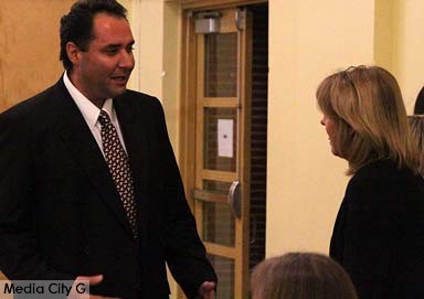 Photo: Greg Reyna / Freelancer / Media City G -- Brd. of Ed. candidate Vahe Hovanessian exchanged greetings with members of the audiences at the Woodbury University forum event February 4, 2015