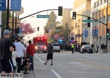 Photo: FLLewis / Media City G -- Stand-off drama between stolen car suspect and law enforcement on Third Street between Palm Avenue and Magnolia Boulevard in Burbank February 17, 2015