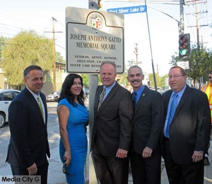 Photo: FLLewis / Media City G -- (l-r) Los Angeles City Councilman Jose Buscaino , Marianna Gatto, Los Angeles City Councilman Tom LaBonge, Los Angeles City Councilman Mitch O'Farrell, Los Angeles City Councilman Paul Koretz -- The "Joseph Anthony Memorial Square" sign unveiled in Silver Lake June 19, 2015