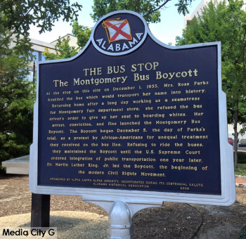 A sign commemorating the Montgomery bus boycott and Rosa Park's act of civil disobedience Montgomery, Al August 12, 2015