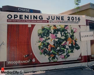 Photo: FLLewis / Media City G -- Wood Ranch BBQ & Grill billboard 110 North First Street, Burbank April 1, 2016