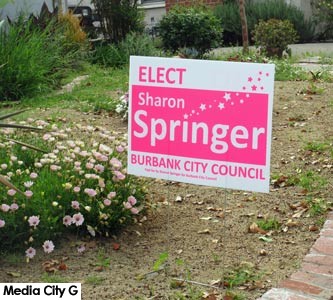 Photo: FLLewis /Media City G -- Sharon Springer for Burbank City Council yard sign in front of Burbank home March 7, 2017