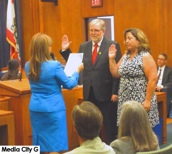 Photo: FLLewis/ Media City G -- City Clerk Zizette Mullins gave the oath of office to newly elected School Board Member Steve Frintner and re-elected School Board Member, Charlene Tabet, at Burbank City Hall May 1, 2017