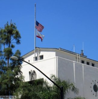 Photo: FLLewis / Media City G -- Flags flying at half-staff on top of City Hall in Burbank April 23, 2018